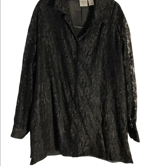 ALLISON DAILEY II, Women’s Black Lace Overlay top, Size 2X, Button Down, Lined - Picture 2 of 7